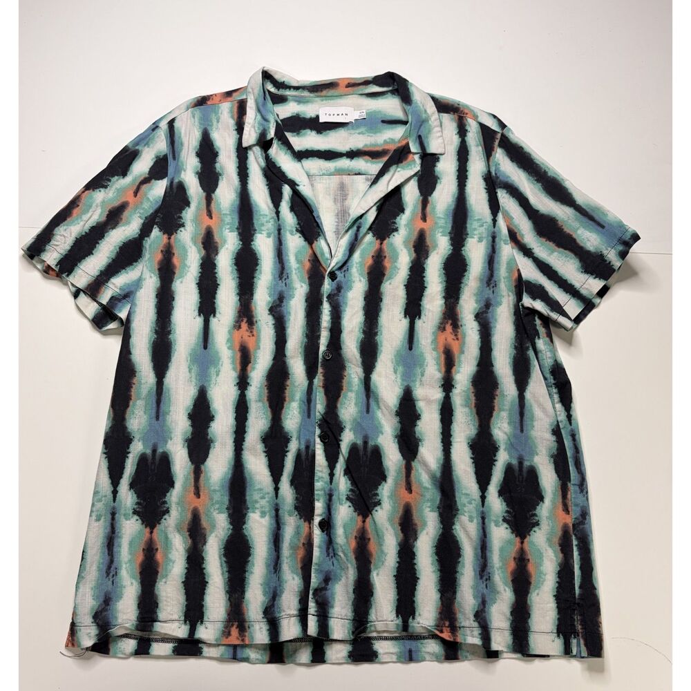 Topman blue strip pattern button up t-shirt men's XXL